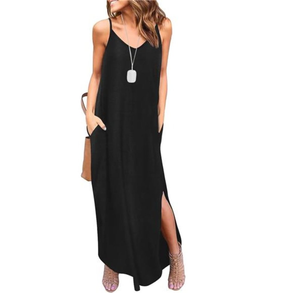 HUSKARY Women's Summer Casual Sleeveless V Neck Strappy Split Loose Dress Beach